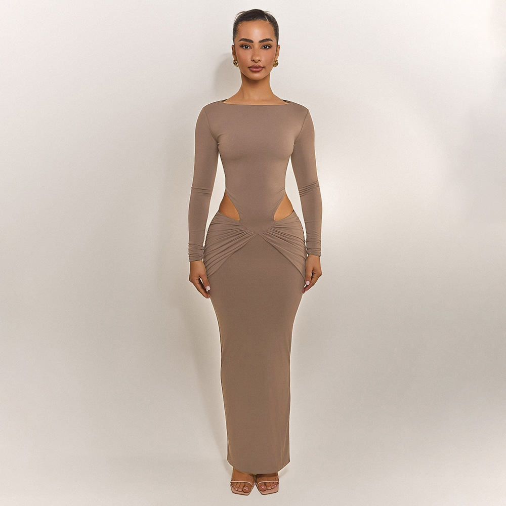 Solid Color Round Neck Long Sleeve Bodycon Maxi Dress with Waist Cut-Out & Ruched Detail