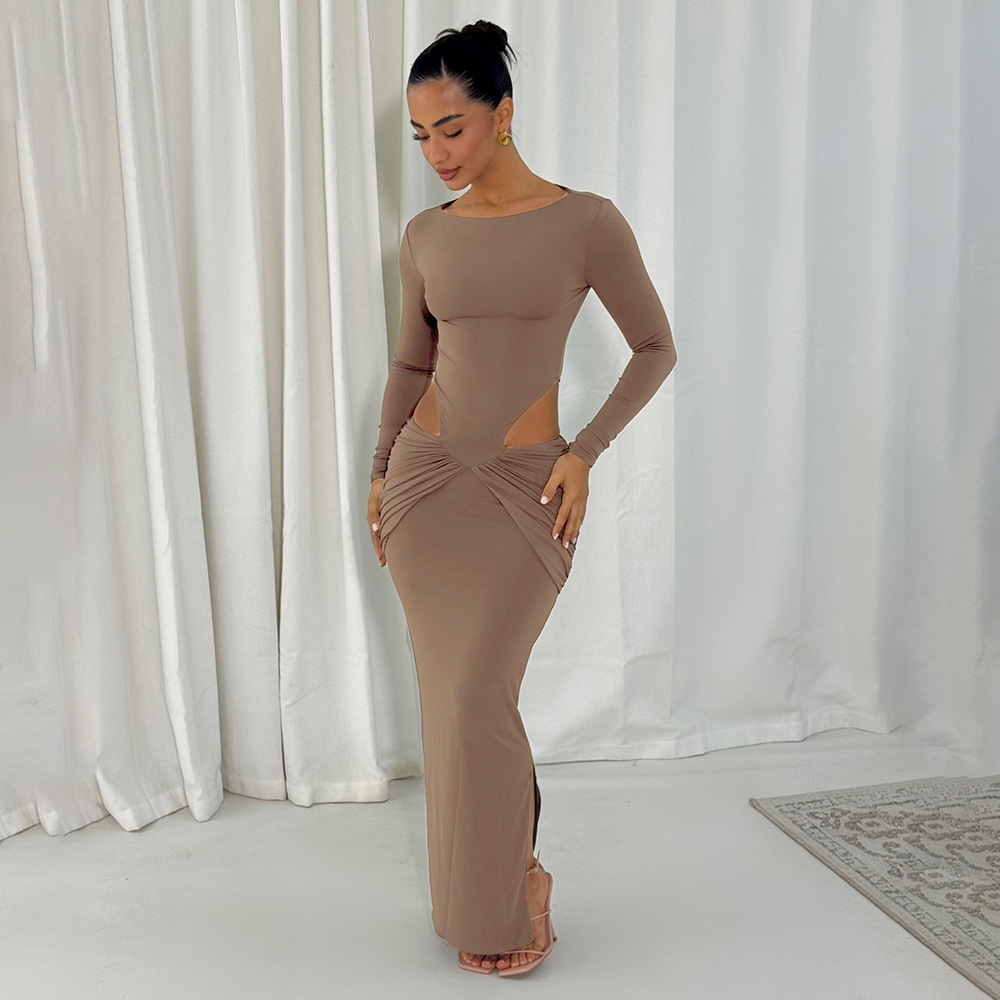 Solid Color Round Neck Long Sleeve Bodycon Maxi Dress with Waist Cut-Out & Ruched Detail