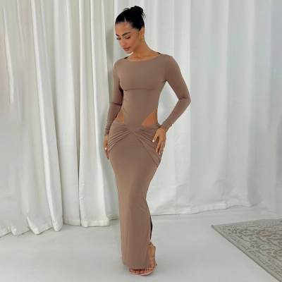 Solid Color Round Neck Long Sleeve Bodycon Maxi Dress with Waist Cut-Out & Ruched Detail 02