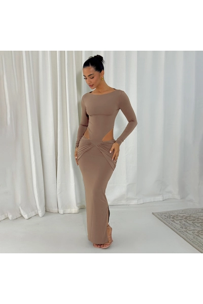 Solid Color Round Neck Long Sleeve Bodycon Maxi Dress with Waist Cut-Out & Ruched Detail 02