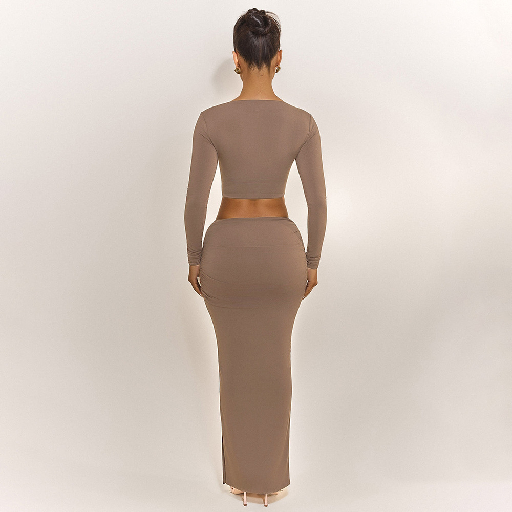 Solid Color Round Neck Long Sleeve Bodycon Maxi Dress with Waist Cut-Out & Ruched Detail