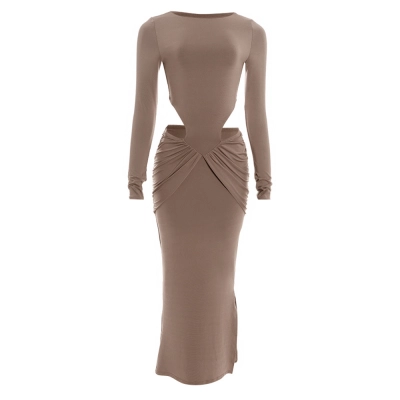 Solid Color Round Neck Long Sleeve Bodycon Maxi Dress with Waist Cut-Out & Ruched Detail 01