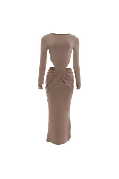 Solid Color Round Neck Long Sleeve Bodycon Maxi Dress with Waist Cut-Out & Ruched Detail 01