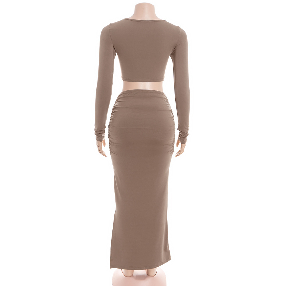 Solid Color Round Neck Long Sleeve Bodycon Maxi Dress with Waist Cut-Out & Ruched Detail