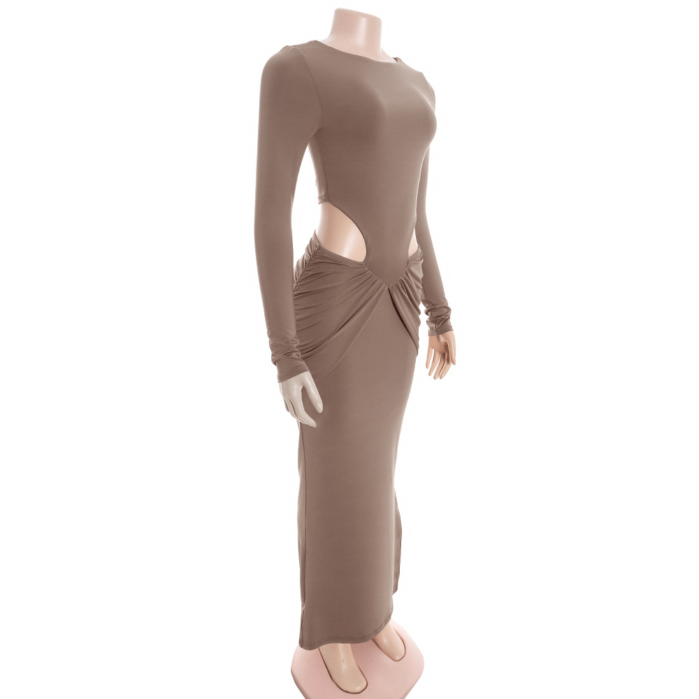 Solid Color Round Neck Long Sleeve Bodycon Maxi Dress with Waist Cut-Out & Ruched Detail
