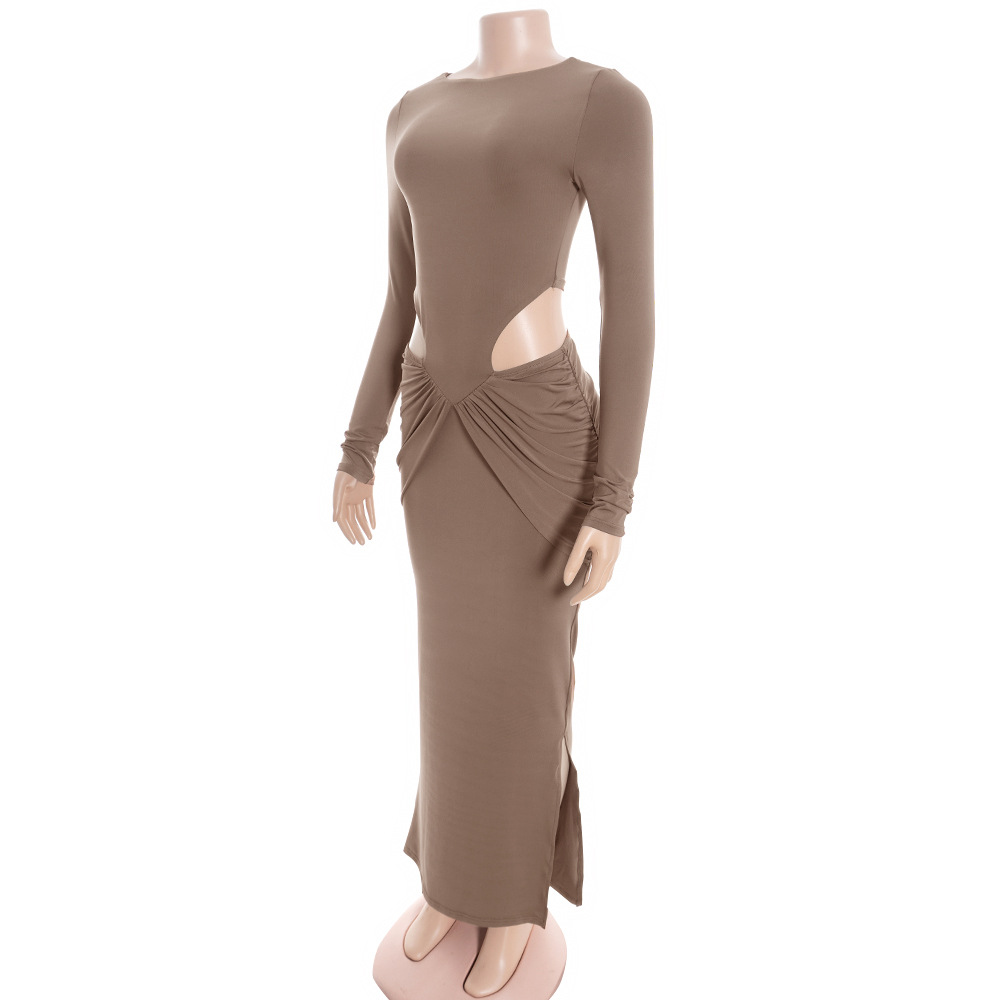 Solid Color Round Neck Long Sleeve Bodycon Maxi Dress with Waist Cut-Out & Ruched Detail