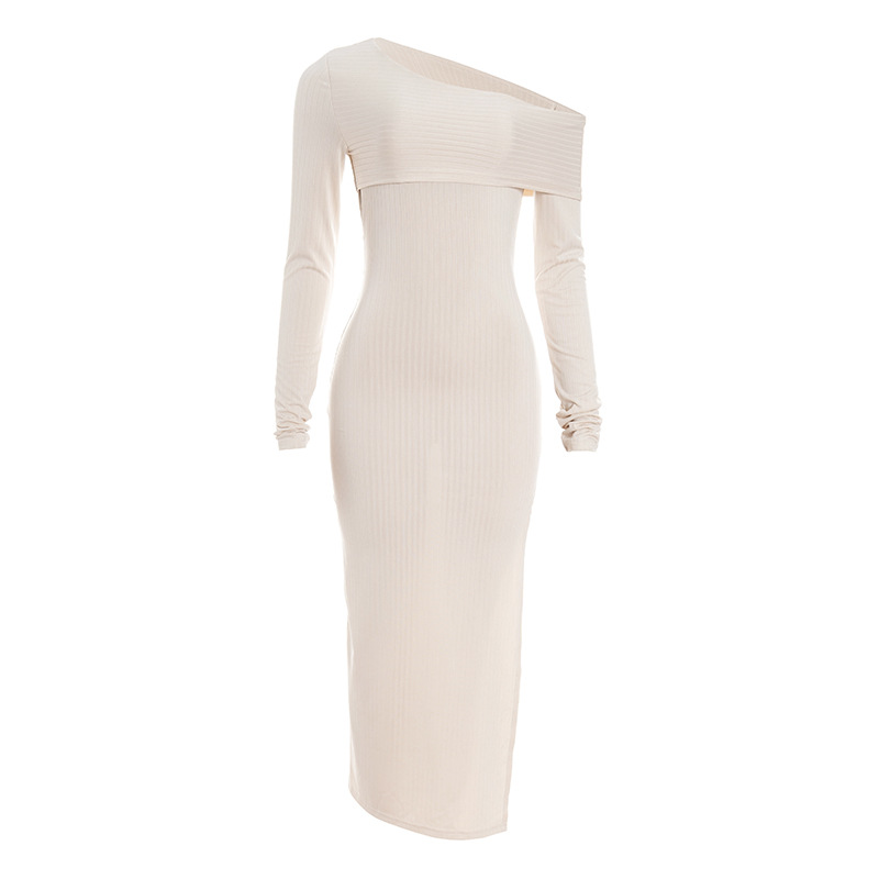 Solid Color One-Shoulder Long Sleeve Bodycon Maxi Dress with High Slit