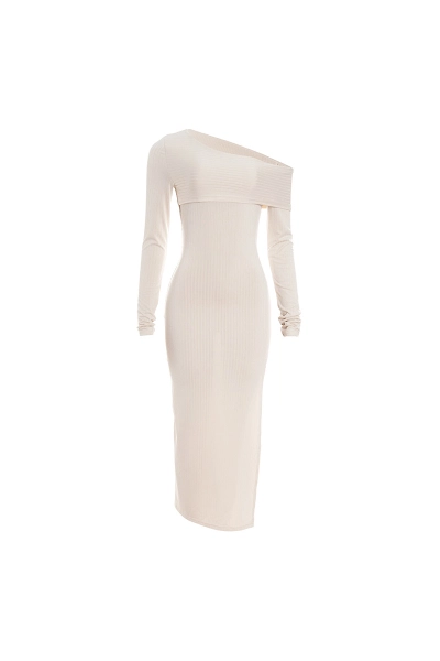 Solid Color One-Shoulder Long Sleeve Bodycon Maxi Dress with High Slit 01