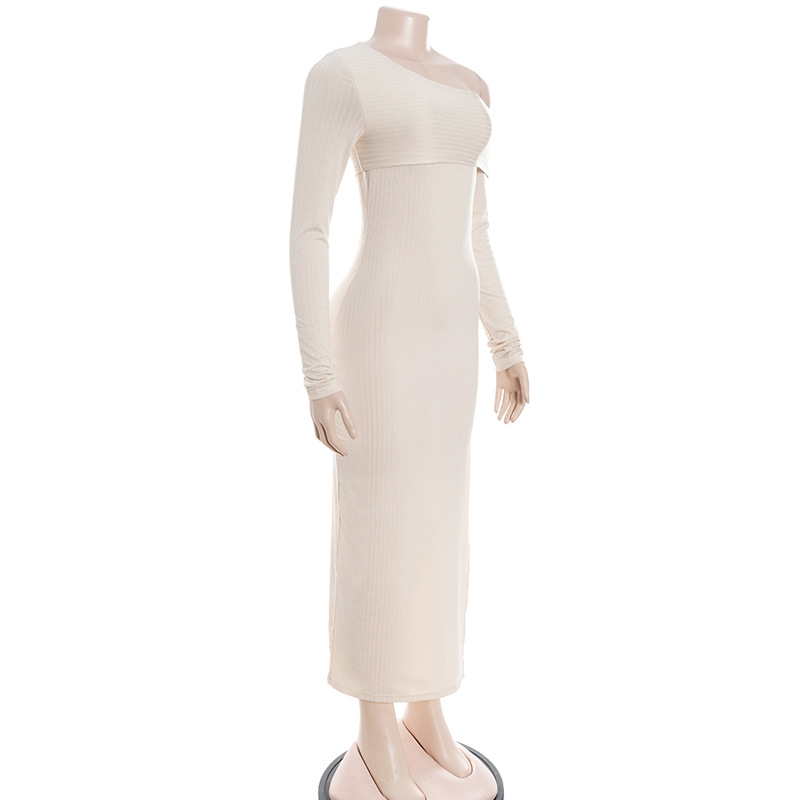Solid Color One-Shoulder Long Sleeve Bodycon Maxi Dress with High Slit