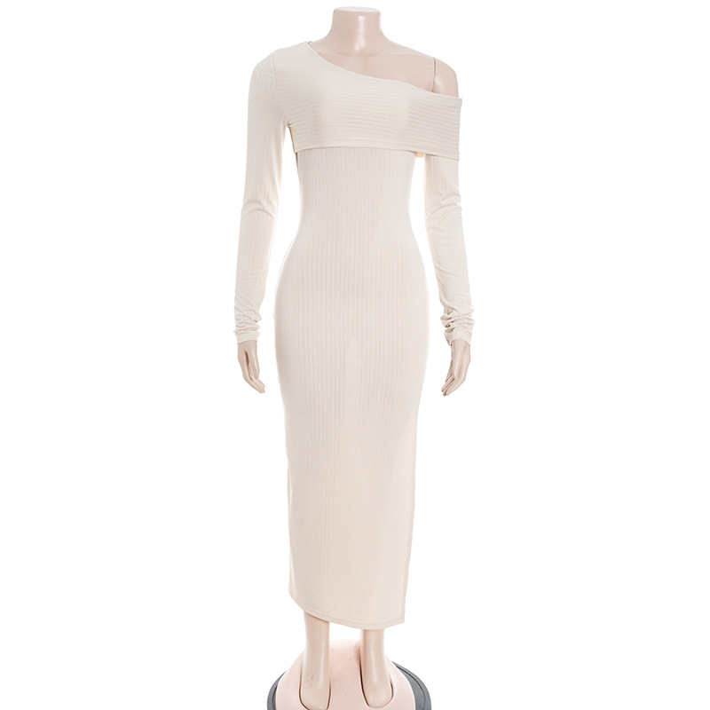 Solid Color One-Shoulder Long Sleeve Bodycon Maxi Dress with High Slit