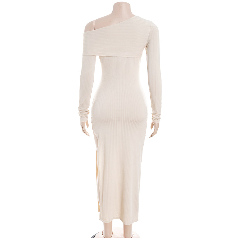 Solid Color One-Shoulder Long Sleeve Bodycon Maxi Dress with High Slit