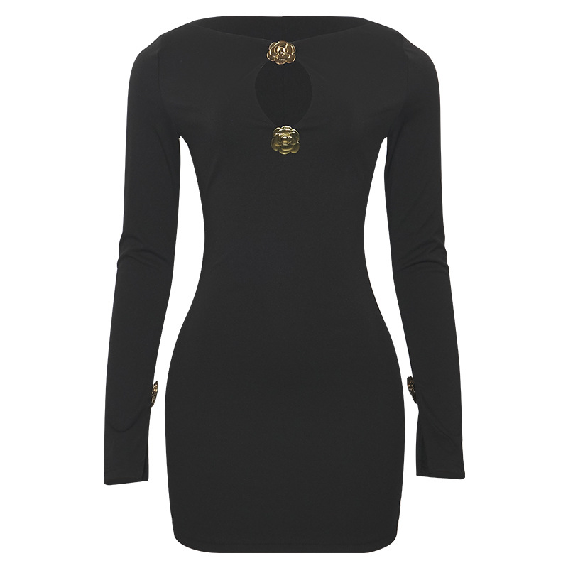 Solid Color Short Bodycon Dress with Cut-Out & 3D Embellishment