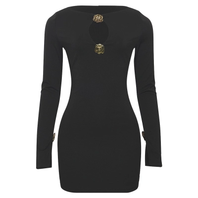 Solid Color Short Bodycon Dress with Cut-Out & 3D Embellishment 01