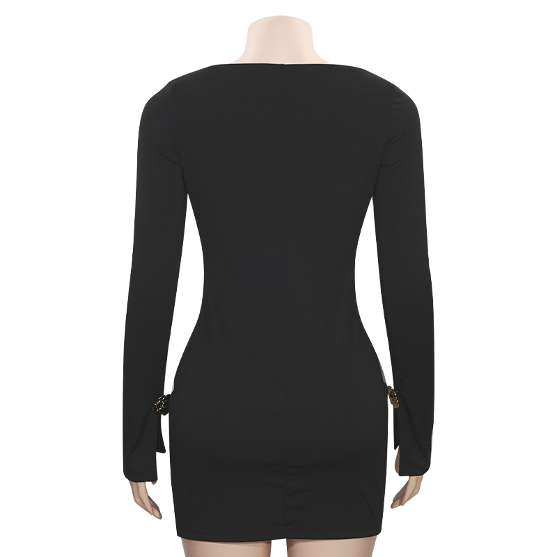 Solid Color Short Bodycon Dress with Cut-Out & 3D Embellishment