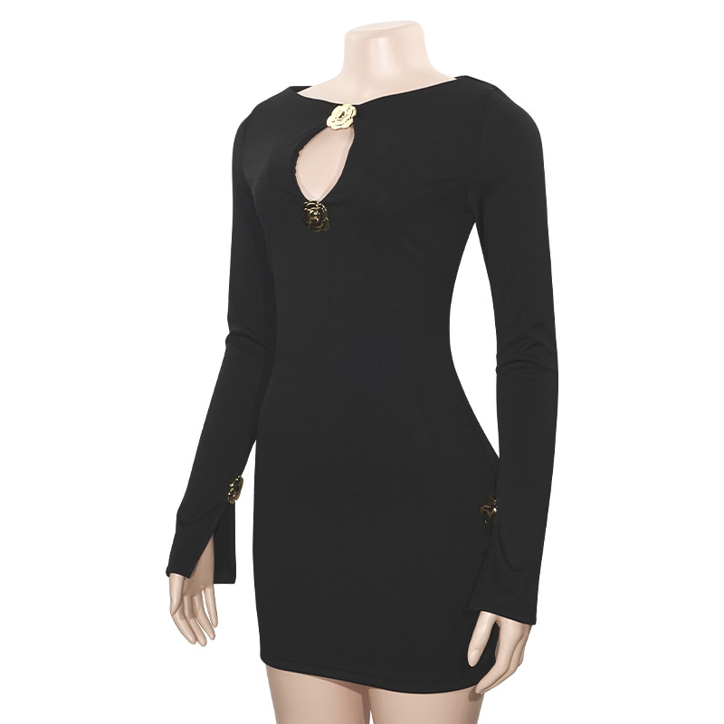 Solid Color Short Bodycon Dress with Cut-Out & 3D Embellishment