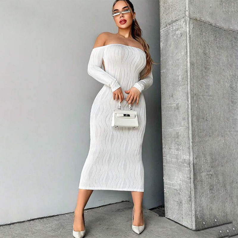 Solid Color Off-the-Shoulder Long Sleeve Bodycon Dress with Open Back