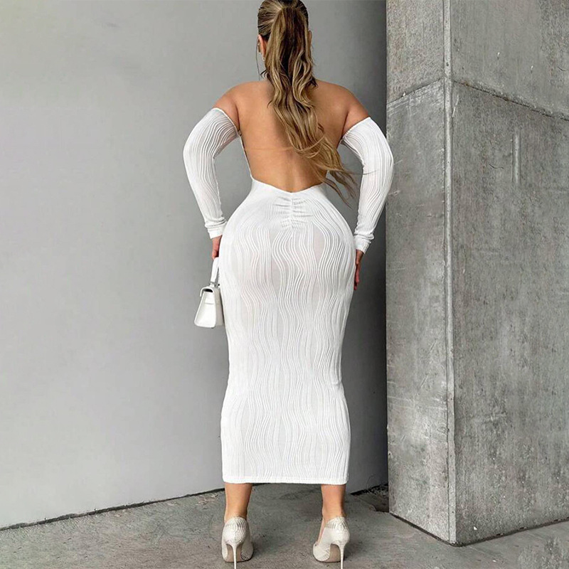 Solid Color Off-the-Shoulder Long Sleeve Bodycon Dress with Open Back