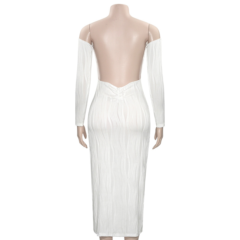 Solid Color Off-the-Shoulder Long Sleeve Bodycon Dress with Open Back