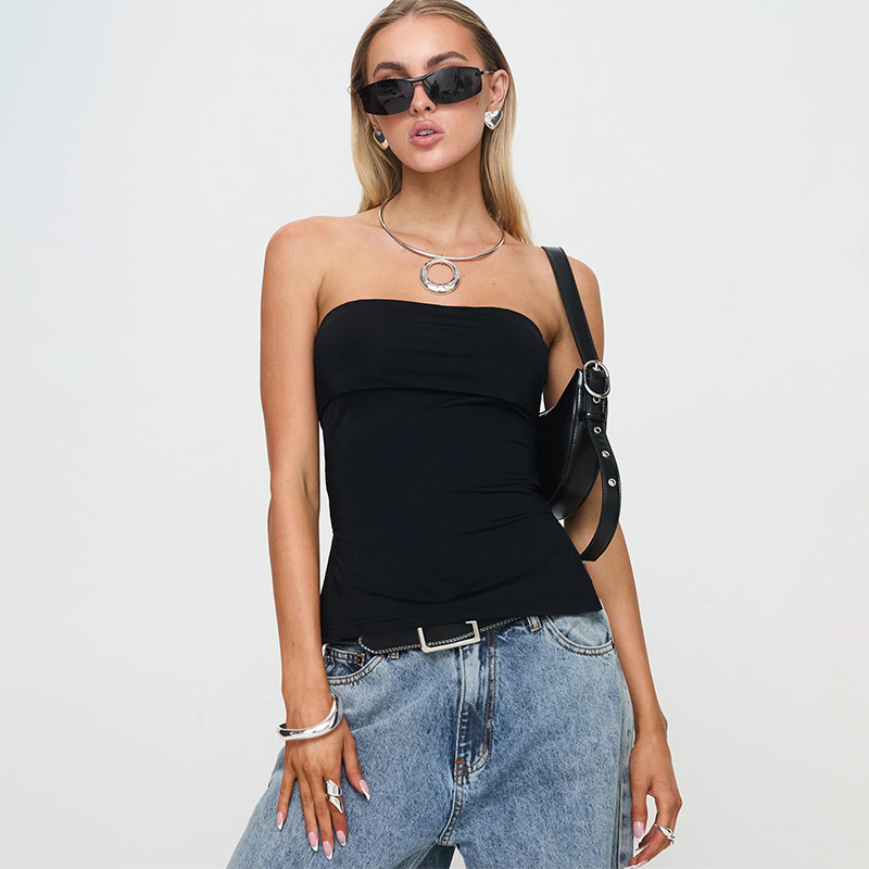Solid Color Sleeveless Bandeau Crop Top with Side Slit