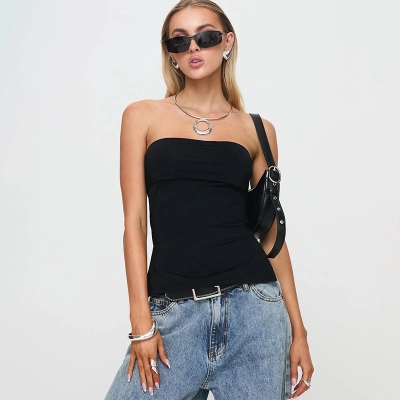 Solid Color Sleeveless Bandeau Crop Top with Side Slit 02