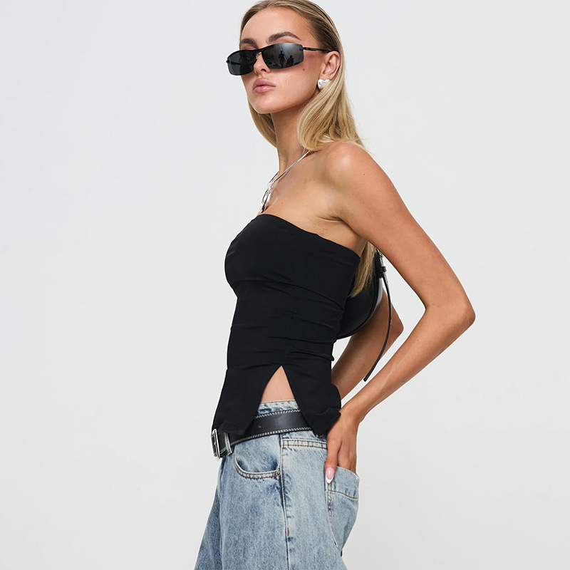 Solid Color Sleeveless Bandeau Crop Top with Side Slit