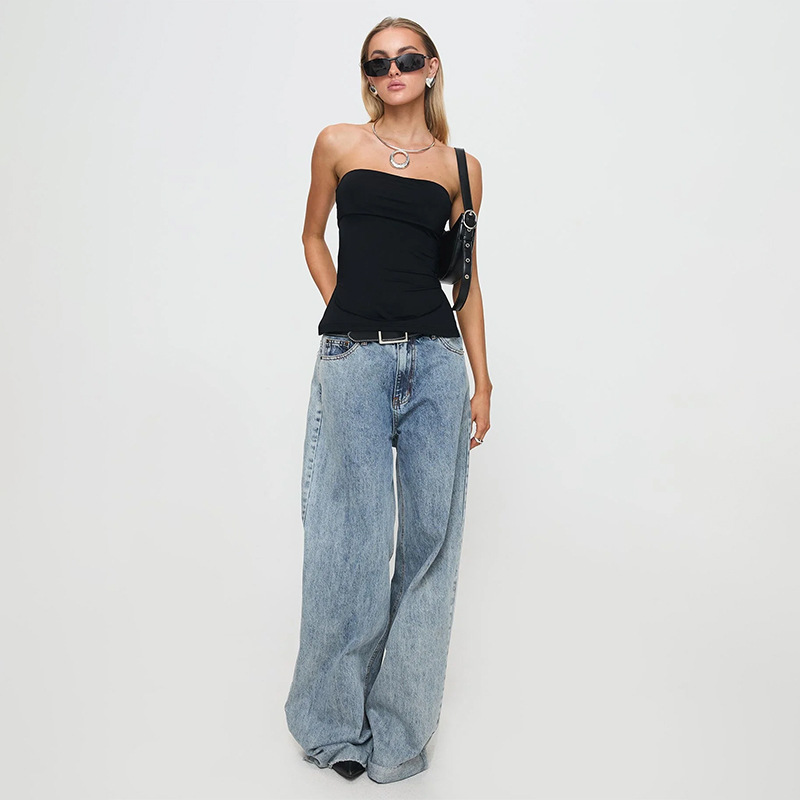 Solid Color Sleeveless Bandeau Crop Top with Side Slit