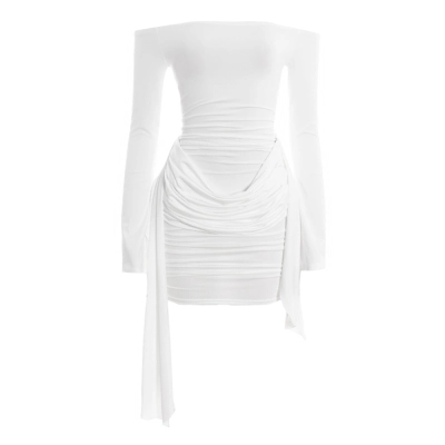 Solid Color Off-the-Shoulder Long Sleeve Bodycon Mini Dress with Detachable Sash 01
