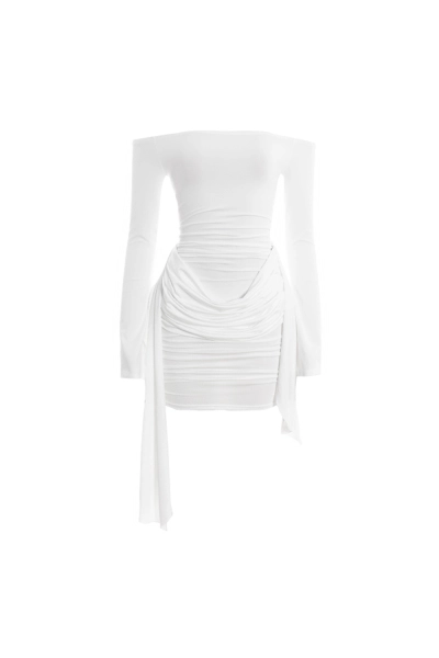 Solid Color Off-the-Shoulder Long Sleeve Bodycon Mini Dress with Detachable Sash 01
