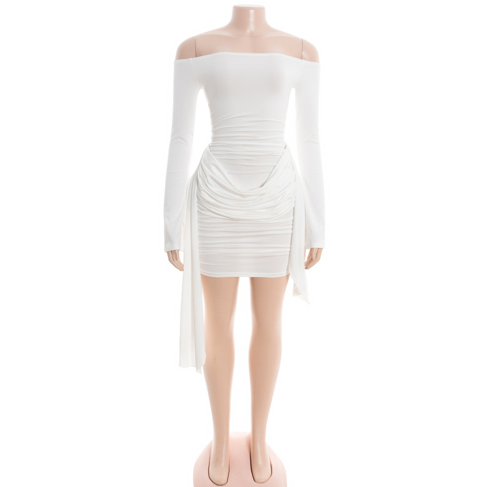 Solid Color Off-the-Shoulder Long Sleeve Bodycon Mini Dress with Detachable Sash