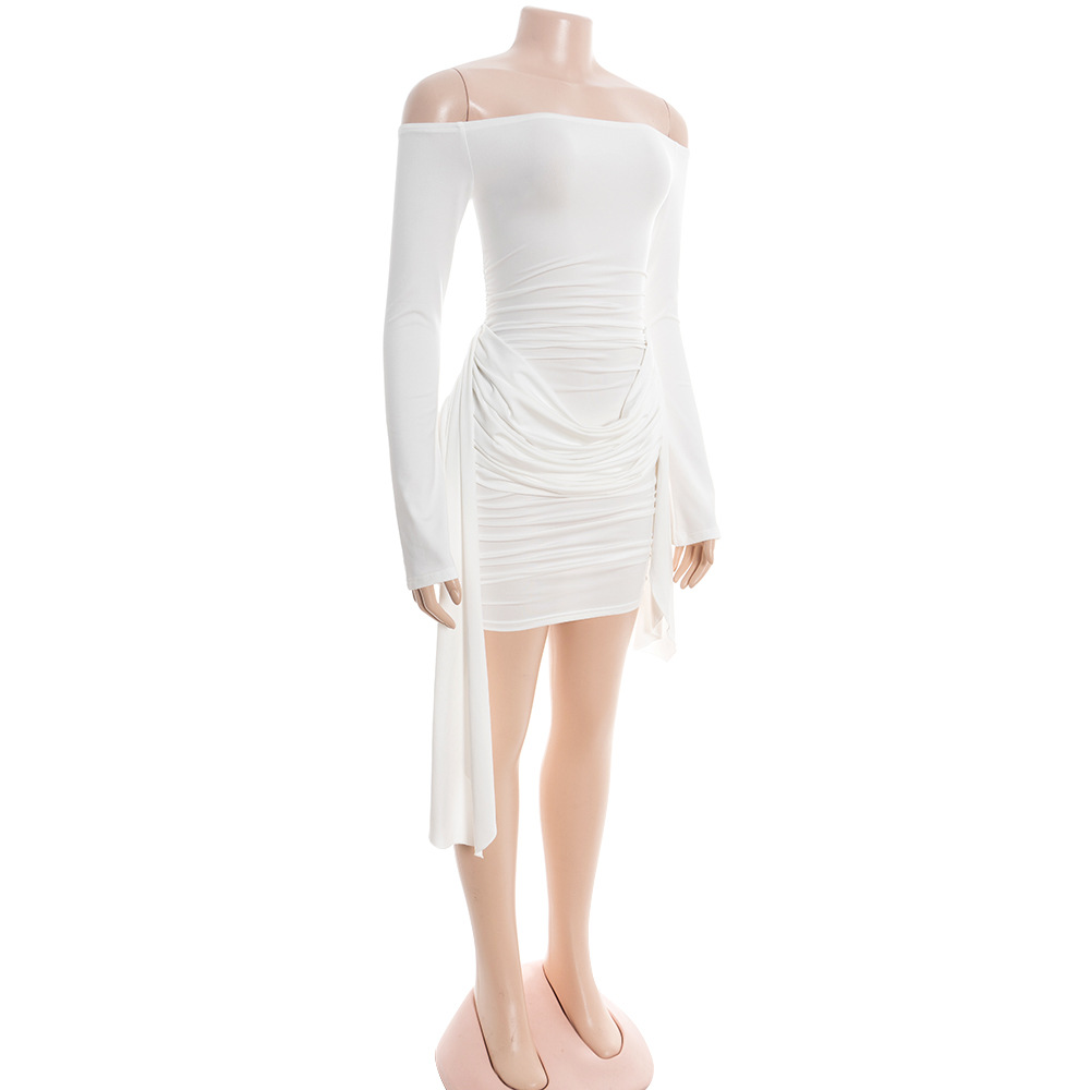Solid Color Off-the-Shoulder Long Sleeve Bodycon Mini Dress with Detachable Sash