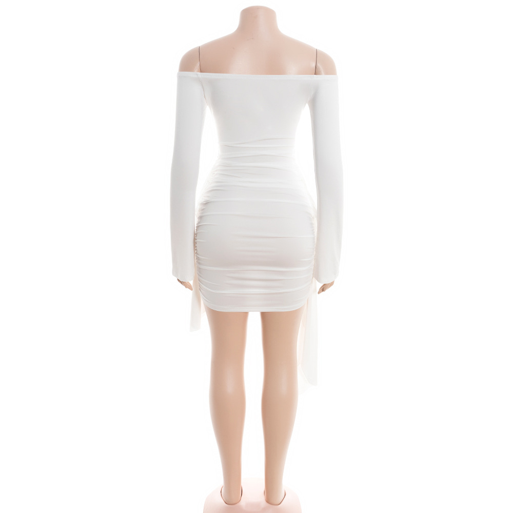 Solid Color Off-the-Shoulder Long Sleeve Bodycon Mini Dress with Detachable Sash