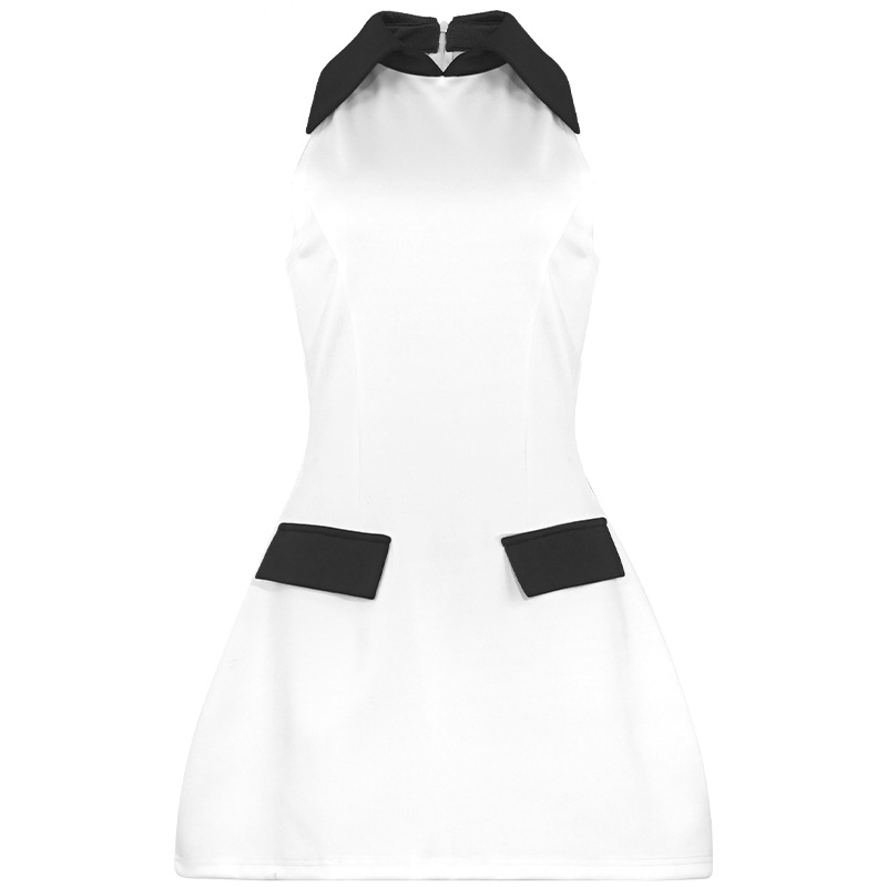 Solid Color Sleeveless Short Bodycon Dress with Notched Collar & Panel Detail 