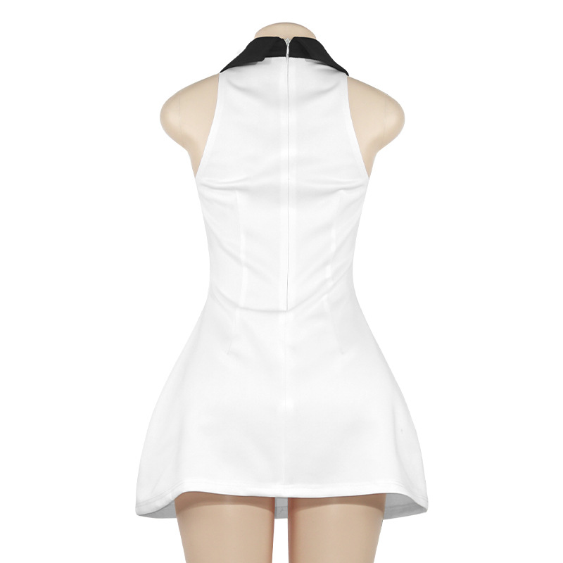 Solid Color Sleeveless Short Bodycon Dress with Notched Collar & Panel Detail 