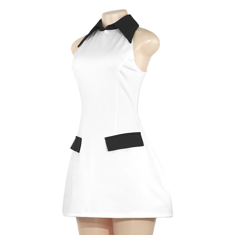 Solid Color Sleeveless Short Bodycon Dress with Notched Collar & Panel Detail 