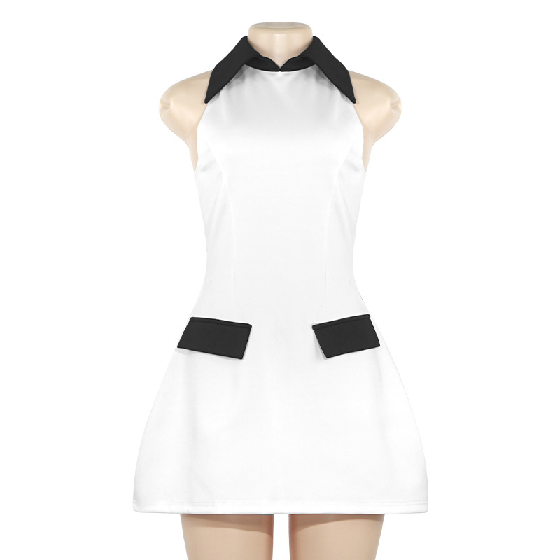 Solid Color Sleeveless Short Bodycon Dress with Notched Collar & Panel Detail 