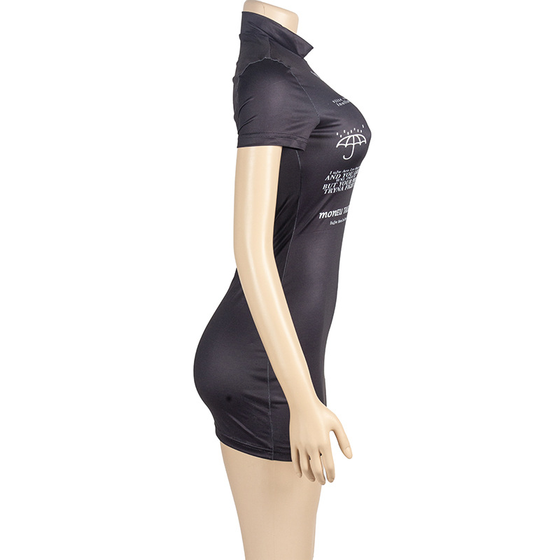 Solid Color Short Sleeve Bodycon Mini Dress with Letter Print