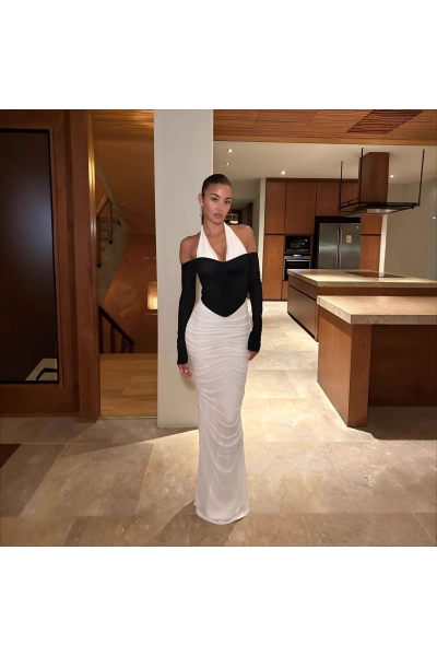 Color-Block Halter Neck Long Sleeve Maxi Dress with Sheer Mesh Panel & Open Back  02