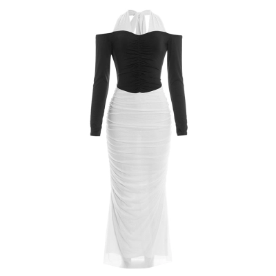 Color-Block Halter Neck Long Sleeve Maxi Dress with Sheer Mesh Panel & Open Back  01