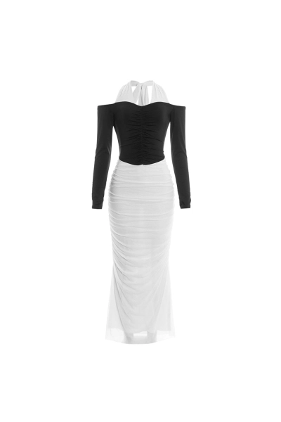 Color-Block Halter Neck Long Sleeve Maxi Dress with Sheer Mesh Panel & Open Back  01