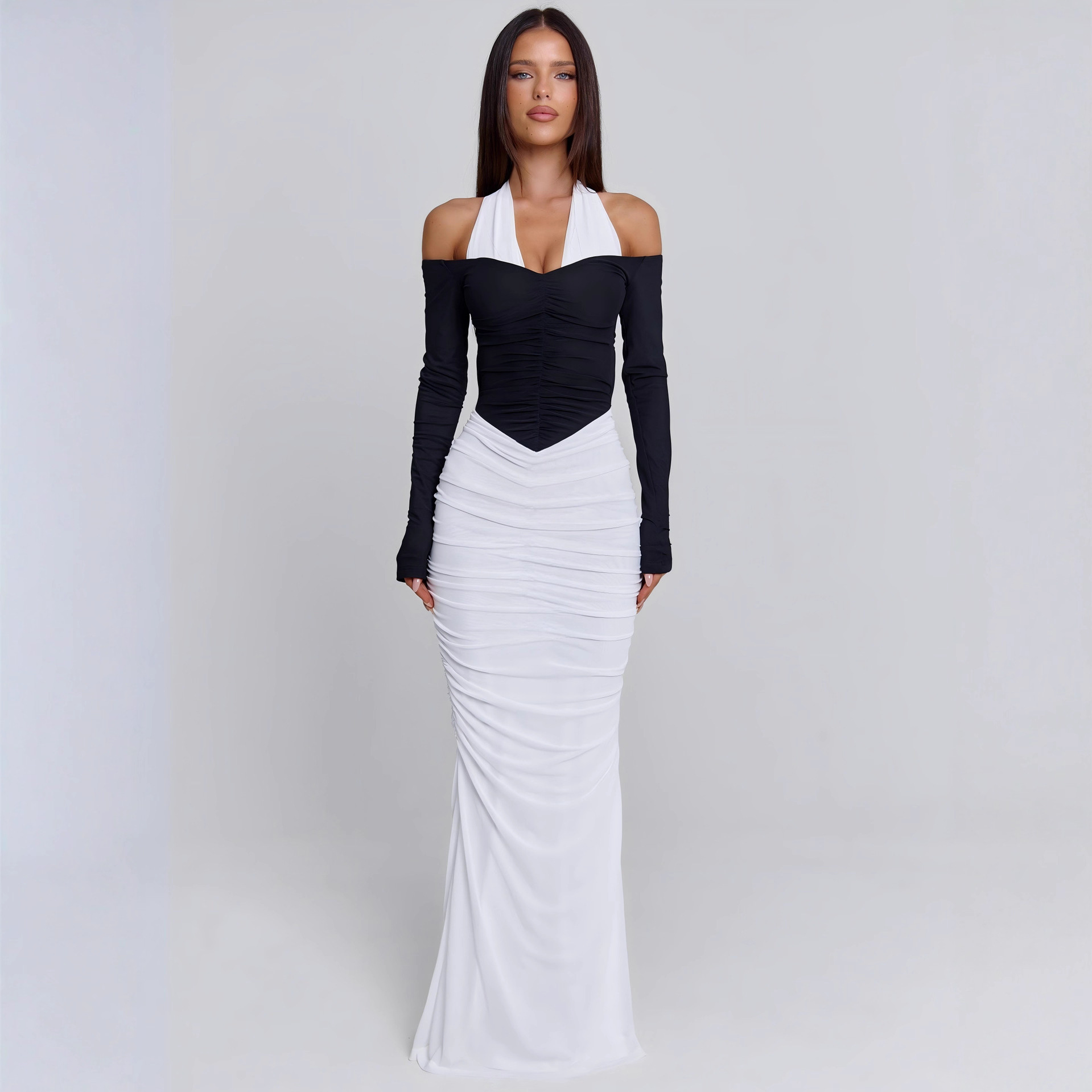 Color-Block Halter Neck Long Sleeve Maxi Dress with Sheer Mesh Panel & Open Back 