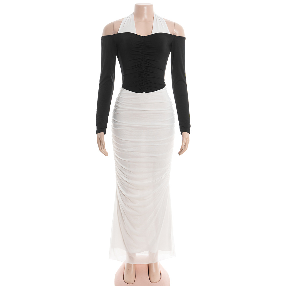 Color-Block Halter Neck Long Sleeve Maxi Dress with Sheer Mesh Panel & Open Back 