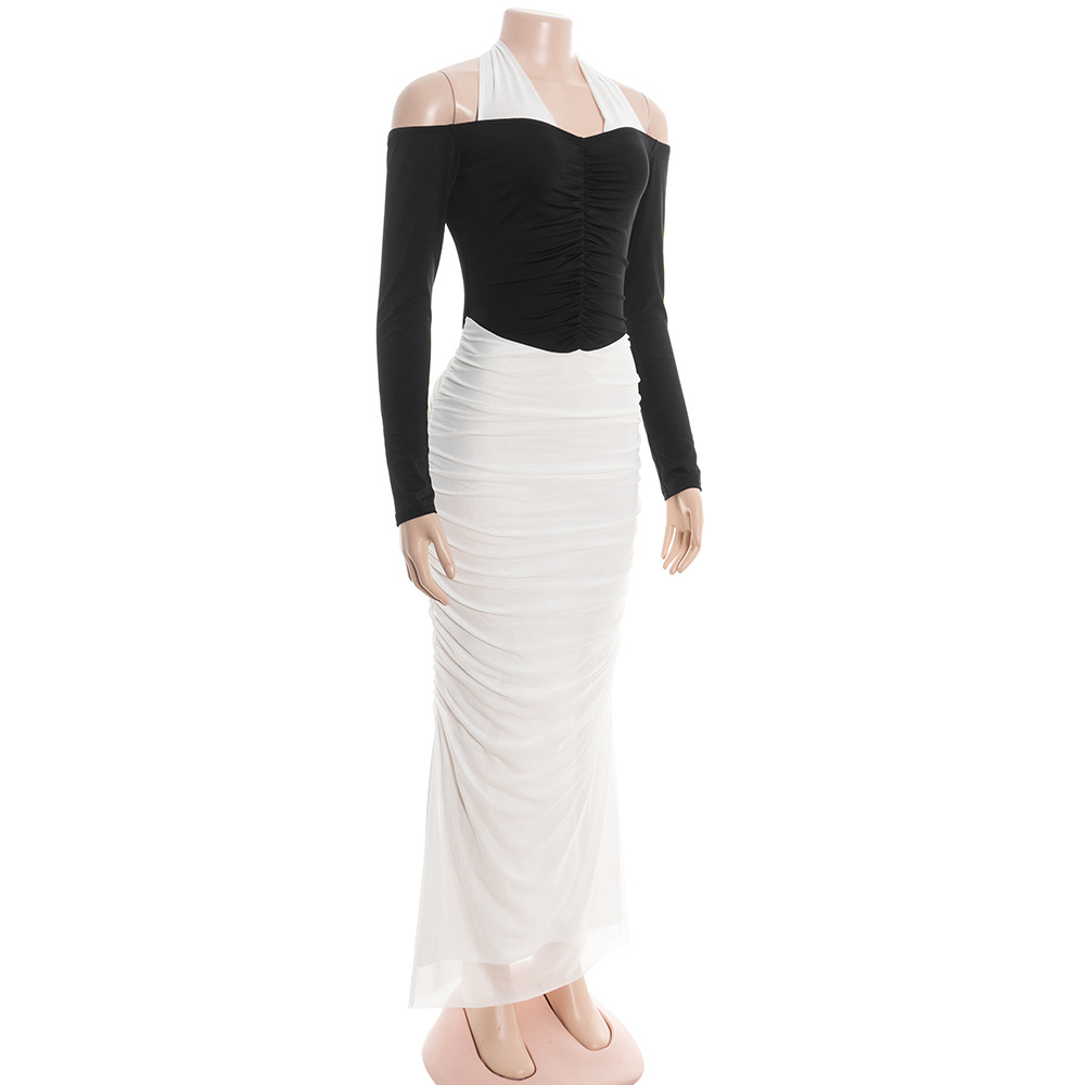 Color-Block Halter Neck Long Sleeve Maxi Dress with Sheer Mesh Panel & Open Back 