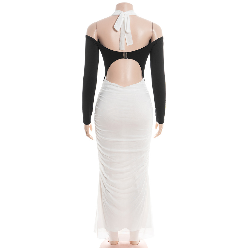 Color-Block Halter Neck Long Sleeve Maxi Dress with Sheer Mesh Panel & Open Back 