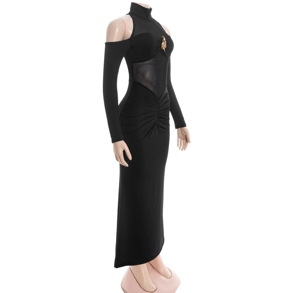 Semi-Turtleneck Off-Shoulder Long Sleeve Sheer Mesh Maxi Dress with Leaf Brooch
