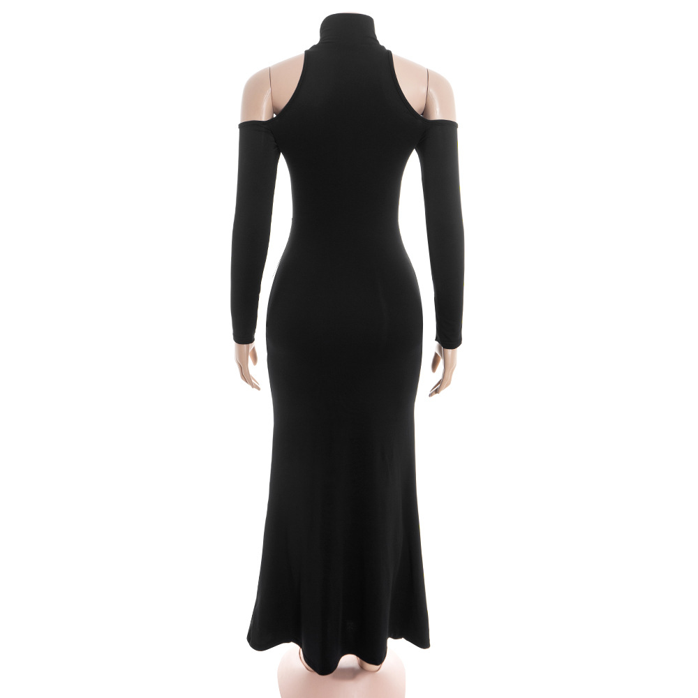 Semi-Turtleneck Off-Shoulder Long Sleeve Sheer Mesh Maxi Dress with Leaf Brooch