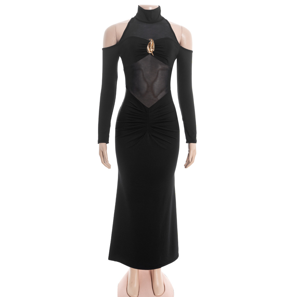 Semi-Turtleneck Off-Shoulder Long Sleeve Sheer Mesh Maxi Dress with Leaf Brooch