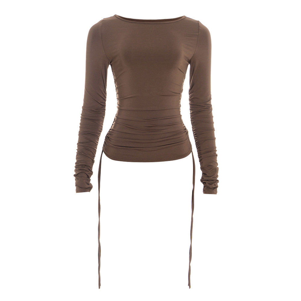 Solid Color Fitted Long Sleeve Crop Top with Adjustable Drawstring