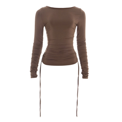 Solid Color Fitted Long Sleeve Crop Top with Adjustable Drawstring 01