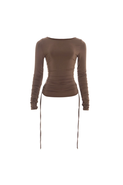 Solid Color Fitted Long Sleeve Crop Top with Adjustable Drawstring 01