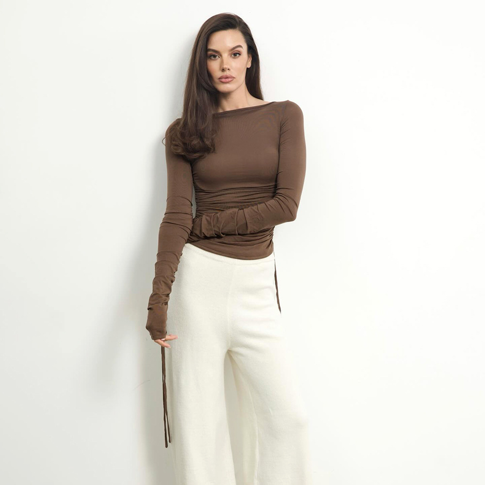 Solid Color Fitted Long Sleeve Crop Top with Adjustable Drawstring